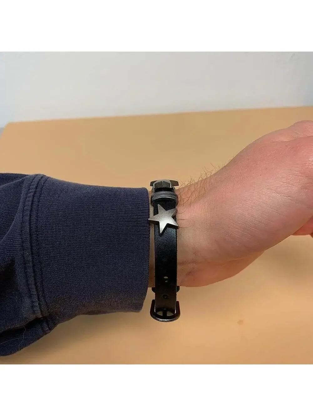 Cyber Y2k style silver star black leather bracelet. Adjustable. Cool design